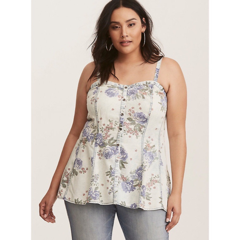 Torrid Floral Print Denim Seamed Cami Top